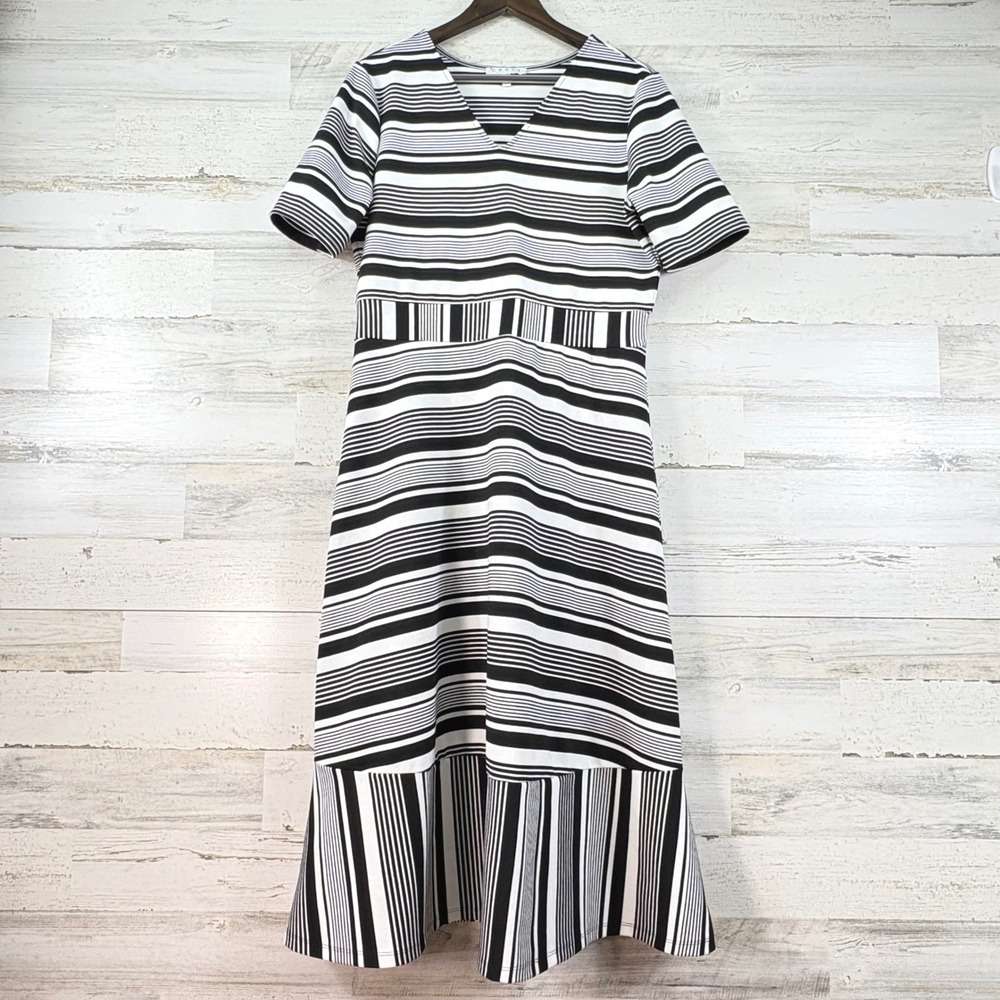 Chaus New York Womens Black White Striped V-Neck Fit Flare Ruffle Dress Size L
